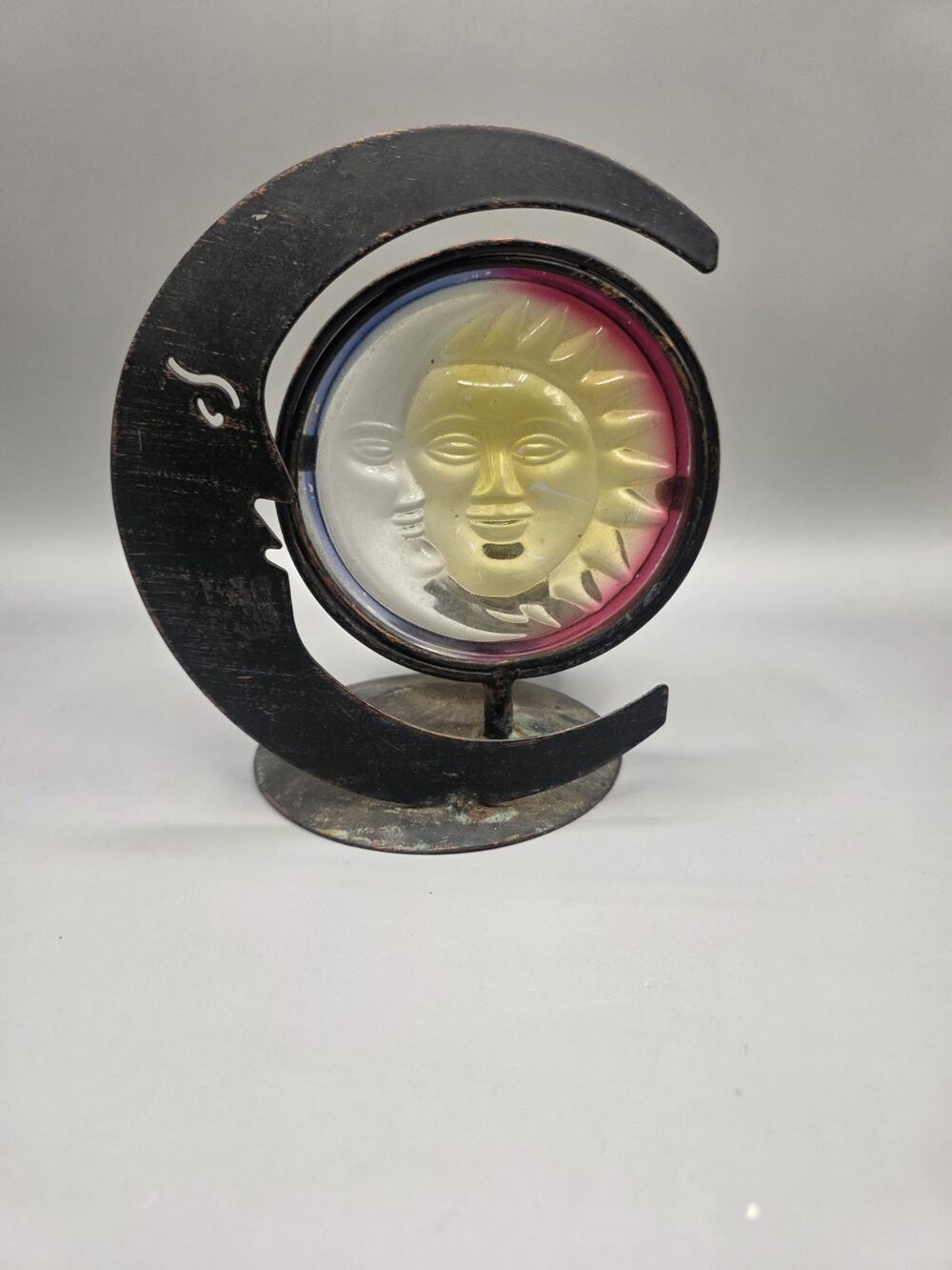 Vtg 90s Celestial Sun Moon Swivel Candle Holder Metal Heavy Glass Votive Altar